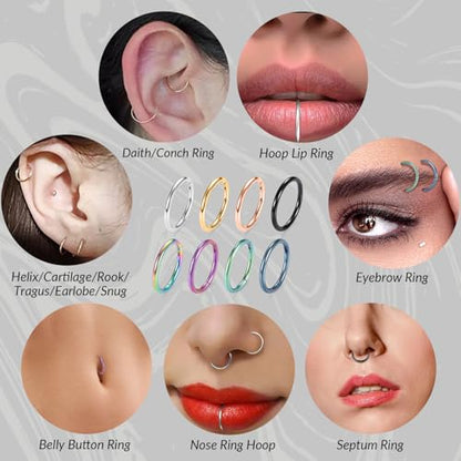 GAGABODY 2 Pcs Nose Rings 22G 20G 18G 16G 14G 12G 10G 8G Surgical Steel Piercing Rings for Nose Septum Cartilage Helix Tragus Conch Rook Daith Lobe from 5mm to 16mm Seamless Hoop Unisex Hinged Earrings - color: Silver