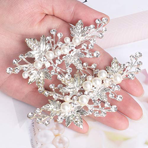 Rhinestone Pearl Alligator Bridal Hair Clips, Set of 2, Silver | For Wedding Prom, Leaf Design, Jewelry Headpiece for Women - color: Silver