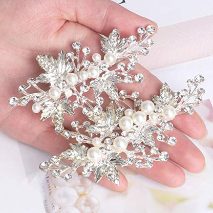 Rhinestone Pearl Alligator Bridal Hair Clips, Set of 2, Silver | For Wedding Prom, Leaf Design, Jewelry Headpiece for Women - color: Silver