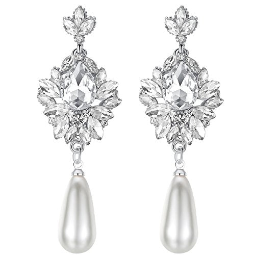 Flower Teardrop Bridal Wedding Dangle CZ Earrings in Silver/Gold Tone for Women Girl Bride Gift … - color: H-Clear