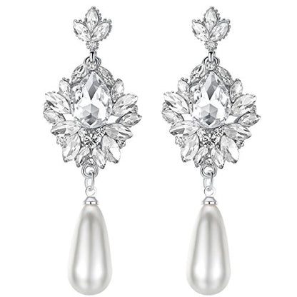 Flower Teardrop Bridal Wedding Dangle CZ Earrings in Silver/Gold Tone for Women Girl Bride Gift … - color: H-Clear