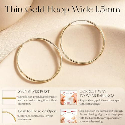 Senteria Thin Gold Hoop Earrings for Women 14K Gold Plated 30/40/50/60/70mm | Hypoallergenic 925 Sterling Silver Post Lightweight Endless Large Big Gold Hoop Earrings Lead-Free Nickel-Free Sensitive Ears - color: 40mm Gold