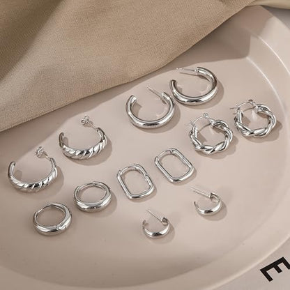 Gold Hoop Earrings Set for Women, 6 Pairs 14K Gold Plated Lightweight Hypoallergenic Chunky Open Twisted Hoops Earrings Pack Jewelry - color: Silver Classic