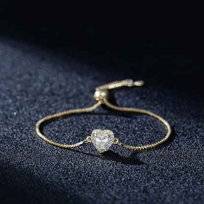 14K White Gold Plated Heart Bracelet for Women Elegant Zircon Inlay Heart Charm Box Chain Bracelet Adjustable Length Minimalist Jewelry