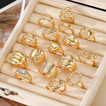 17IF 16 Pcs Chunky Gold Rings Set for Women, 14K Gold Plated | Classic Thick Adjustable Rings, Stackable Midi Finger Womens Stack Ring Pack for Jewelry Gifts - style: Golden-B