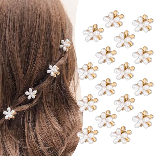 16 Pcs Small Pearl Claw Clips with Flower Design, Mini Hair Clips for Thin Thick Hair, Pearl Hair Accessories for Women Girls Sweet Tiny Hair Clips, Flower Hair Jaw Clamps Nonslip - color: White Flower