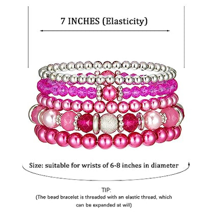 Noessla Beaded Pearl Stretch Bracelet Silver Stackable Crystal Beads Bracelets Trendy Costume Jewelry Mothers Day Gifts for Women - color: Hot pink