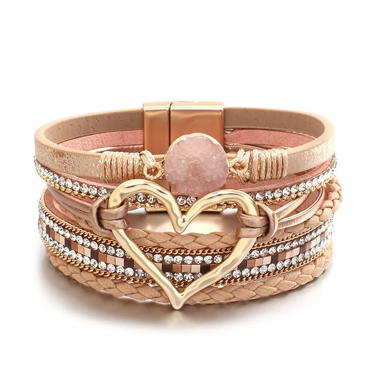 Fuqimanman2020 Heart Leather Wrap Bracelets Boho Stackable Cuff Bangles Resin Stone Rhinestone Bracelets with Clasp Christmas Jewelry Gift for Women - color: Champagne