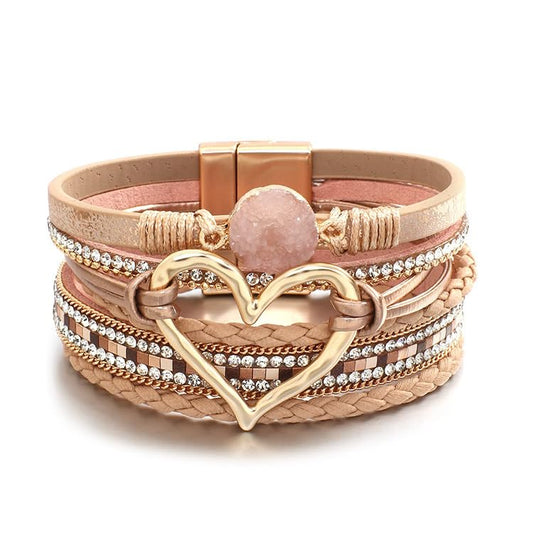 Fuqimanman2020 Heart Leather Wrap Bracelets Boho Stackable Cuff Bangles Resin Stone Rhinestone Bracelets with Clasp Christmas Jewelry Gift for Women - color: Champagne
