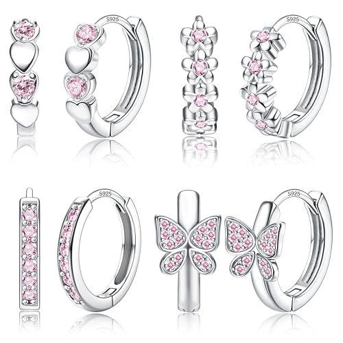 925 Sterling Silver Post Small Hoop Earrings For Girls - Hypoallergenic Huggie Earrings for Women Cute Heart Flowers Butterfly Star Cubic Zirconia Cartilage Earrings For Sensitive Ears 4Pairs - color: Pink