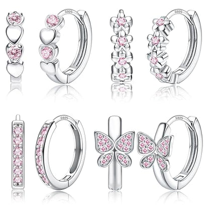 925 Sterling Silver Post Small Hoop Earrings For Girls - Hypoallergenic Huggie Earrings for Women Cute Heart Flowers Butterfly Star Cubic Zirconia Cartilage Earrings For Sensitive Ears 4Pairs - color: Pink