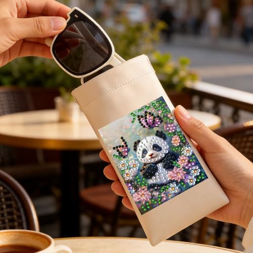 Diamond Art Painting Eye Glass Bag PU Sunglasses Glasses Storage Bag Built-in Glasses Cloth Press Automatic Closure - color: Panda