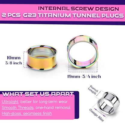 2Pcs G23 Titanium Double Flared Earrings Internally Threaded Gauges for Ears Weights Eyelet Tunnel Plug Stretching Kit From 3mm to 25mm Women Men - color: Rainbow, size: 19mm-3/4"