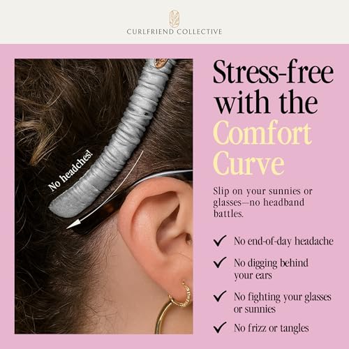 Curlfriend Collective Luna Silver Comfort Curve Silk Headband | Luxury 100% Mulberry Silk, No-Slip, Headache-Free Fit for Curly, Coily & Textured Hair for Women - color: Luna Silver