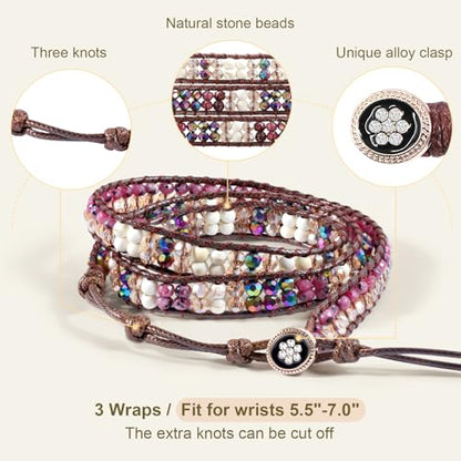 JR.DM Boho Beaded Bracelets for Women - Handmade Adjustable Crystal Natural Stone Bead Wrap Bracelets, Bohemian Jewelry Braided for Unique Birthday Gifts - color: A2 Amethyst