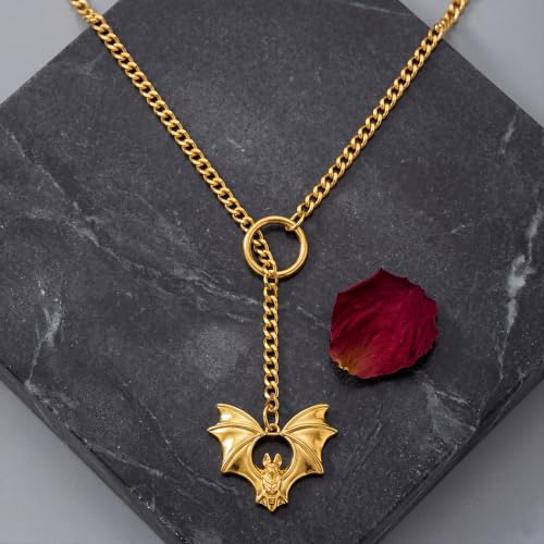 Slip Chain Necklace for Women Gothic Stainless Steel Bar Pendant Cuban Link Necklaces Adjustable Goth O Ring Long Necklaces Punk Rock Collar Choker Trendy Lariat Y Necklace - color: Gold bat