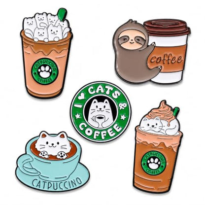 5Pcs Cute Coffee Cat Sloth Enamel Pin Set Cartoon Animal Coffee Cup Brooch Badges, Funny Lapel Pins for Backpacks, Jackets, Bags, Coffee Lover Gift - color: JH-068