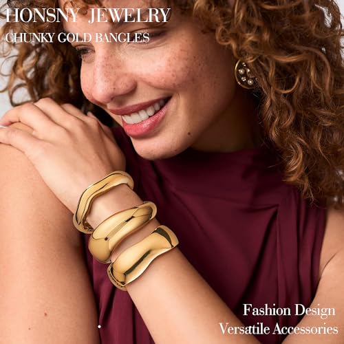 Honsny 2-3Pcs Chunky Gold Bangle Bracelets for Women Non Tarnish Stackable 14K Gold Plated Charm Cuff Bracelet Stack for Women Trendy Dainty Big Bangles Waterproof Jewelry Fashion Gifts
