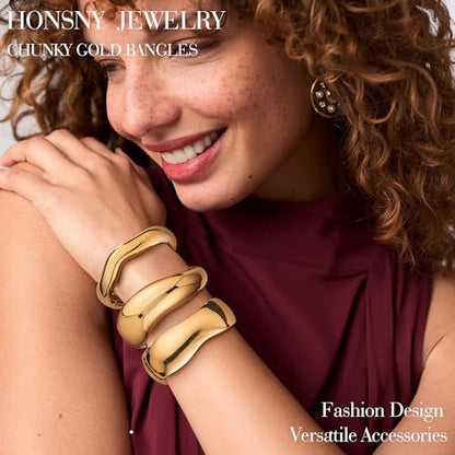 Honsny 2-3Pcs Chunky Gold Bangle Bracelets for Women Non Tarnish Stackable 14K Gold Plated Charm Cuff Bracelet Stack for Women Trendy Dainty Big Bangles Waterproof Jewelry Fashion Gifts