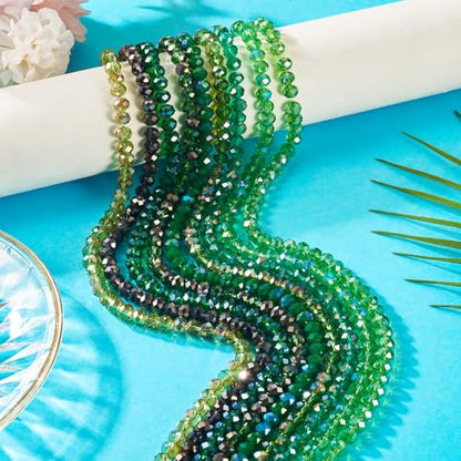 585Pcs Green Glass Rondelle Seed Beads 8x6mm Faceted Crystal Pony Kandi Waist Beads Kit Bulk Beads for Summer Crafts DIY Friendship Bracelets Jewelry Making Supplies