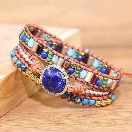Women Wrap Bracelets Boho Natural Stone Jasper Turquoises Strand Bracelet Jewelry Collection - color: Navy