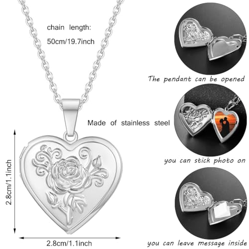 2 Pcs Locket Necklace that Holds Pictures Stainless Steel Locket Pendant Necklace Image Chain Necklaces for Women - color: Love Heart 4