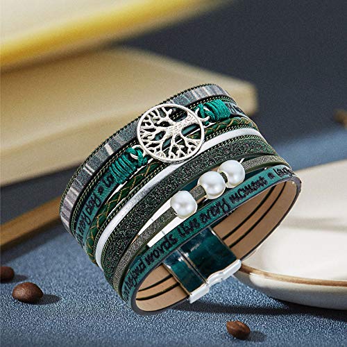 Desimtion Inspirational Tree of Life Boho Leather Wrap Bangle Bracelets for Women, Teen Girl Gifts Trendy Stuff, Fashion Accessories Jewelry Gifts for Women Girls - color: Green