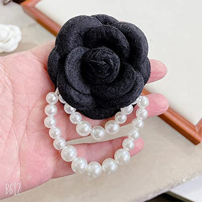 Wool Camellia Flower Pearl Tassel Brooches Pins Delicate Flowers Brooch Classic for Wedding Party Dance Banquet for Women Dainty Elegant Lapel Pins Dress Suit Accessories - color: Black