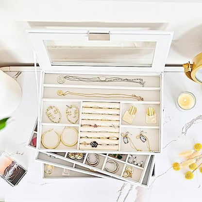 ProCase 5 Layers Stackable Jewelry Tray Box, Stackers Jewelry Trays for Dresser Drawer Storage, Jewelry Organizer Case with Lid -White