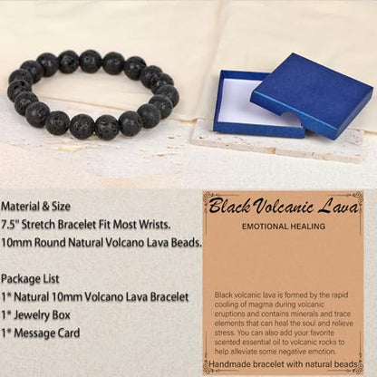 LPBeads Handmade Natural Gemstone Stretch Elastic Bracelet Healing Crystal Round Stone Beads Jewelry Gifts for Women Men - color: Black Lava, size: 10mm