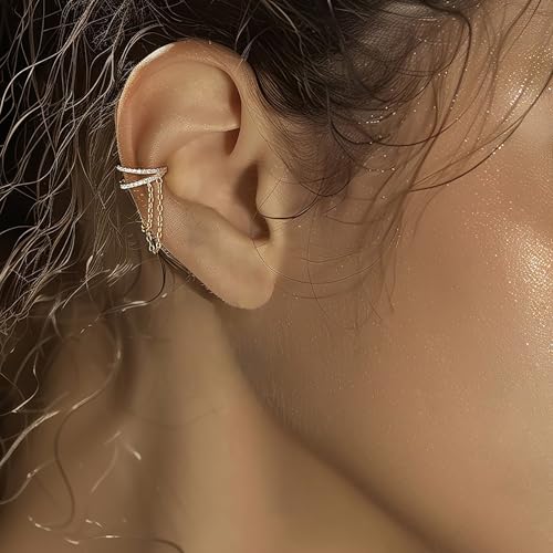 925 Sliver Sterling CZ Ear Cuff Tassels Wrap Clip Earrings for Women 14k Gold Plated No Piercing Cuff Earrings Chain to Daughter Wrap Earrings Tassel Clip On Ear Wedding Birthday Jewelry Gift