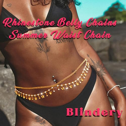Gold Belly Chain Rhinestone Body Jewelry Chain Plated Waist Chains Layered Body Waist Summer Beach Bikini Jewelry for Women - style: butterfly-gold