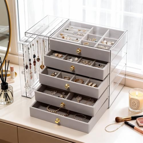 grey Jewelry Box Organizer, Transparent Acrylic Case with Velvet-Lined 5 drawers and 2 side drawers, Versatile Compartments for Earrings, Rings, Necklaces, Bracelets - color: Grey