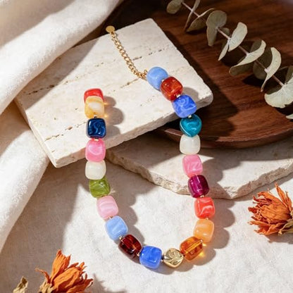 Beaded Necklaces for Women Boho Chunky Necklace Statement Big Resin Bead Choker Fashion Summer Beach Jewelry - color: Colorful