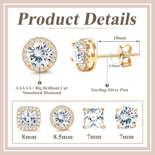 MILACOLATO S925 Sterling Silver Stud Earrings for Women Men Hypoallergenic 18K Gold Plated Cubic Zirconia Earrings Studs Brilliant Simulated Diamond Halo Earring for Sensitive Ears - style: 18K Gold Plated - Medium Size CZ