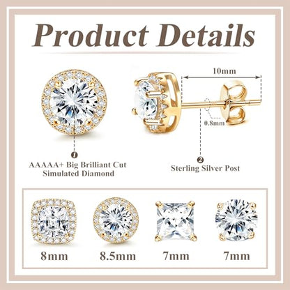 MILACOLATO S925 Sterling Silver Stud Earrings for Women Men Hypoallergenic 18K Gold Plated Cubic Zirconia Earrings Studs Brilliant Simulated Diamond Halo Earring for Sensitive Ears - style: 18K Gold Plated - Medium Size CZ