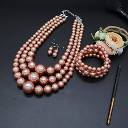 Big Chunky Pearl Necklace and Earrings Set Large Costume 1920s Faux Pearls Gatsby Accessories - color: A-Champagne pearl necklace set