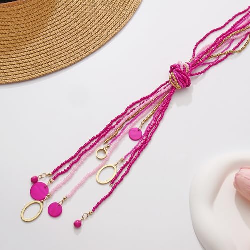 Coiris Long Seed Beaded Multi Strand Necklace,10 Multiple Statement Long Bib Necklace with Tie Knot for Women and Girls Jewelry - color: Rose