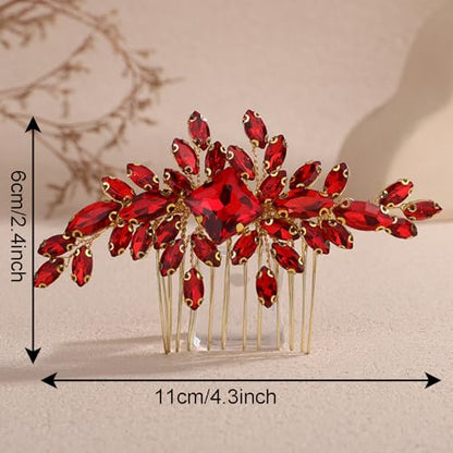 Square Rhinestone Hair Comb Silver Gold Rhinestone Wedding Headpiece Handmade Crystal Bridal Hair Comb Bridal Hairpiece for Brides Bridesmaid (red) - color: red