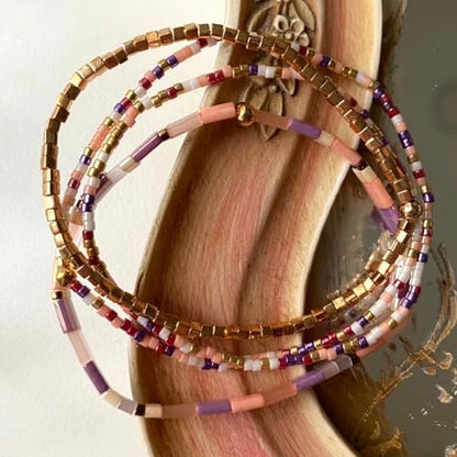 Boho 3Pcs Tila Flat Seed Beads Stack Bracelets Set for Women, Romantic Handmade Cute Gold Plated Paperclip Link Colorful Glass Ball Stretch Accessories Jewelry, Party Friendship Gift - color: Blue
