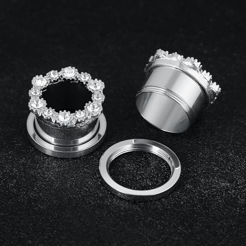 Tunnels Gauges, 2PCS Stainless Steel Tunnel Set Hollow Flower with Round Cubic Zirconia Screw Back Ear Gauges Plugs Tunnels 2G - 5/8 inch Ear Piercing Jewelry - color: Silver, size: 2G(6mm)