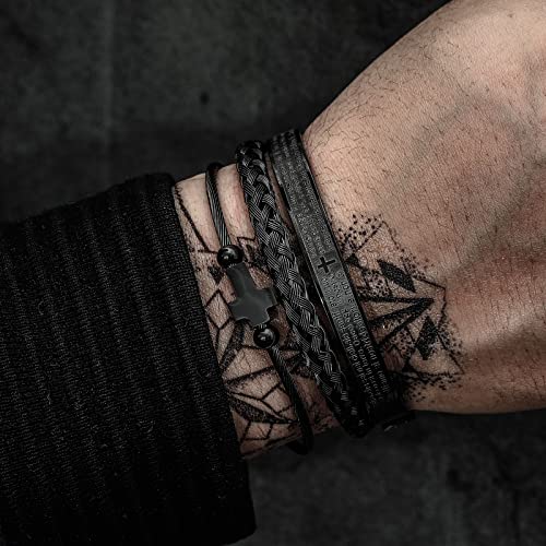WFYOU 3PCS Stainless Steel Imperial Crown Bracelets for Men Gold Roman Numeral Bangle Bracelet Adjustable Cuff Bracelet Mens Luxury Jewelry Gifts - style: 05:Black-Cross