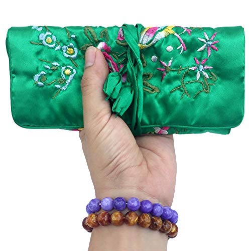 Travel Jewelry Roll Bag - Silk Embroidered Brocade Pouch for Rings, Necklaces, Earrings, Bracelets | Lightweight & Tie Closure (Dark Green) - color: Dark Green