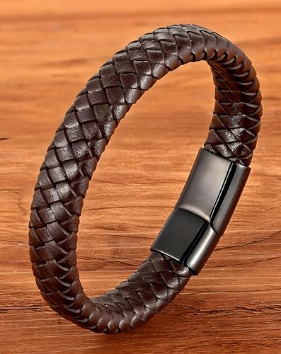 Leather Bracelet for Men, Braided Mens Cuff Bracelets with Stainless Steel Clasp Stacked Multi Style Color Anniversary Father's Day Birthday Christmas Jewelry Gifts for Him - color: Gold Clasp & Black Leather