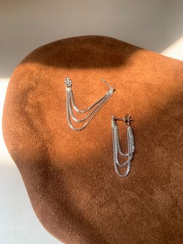 Tassel Earrings for Women Gold Plated Silver Chain Earrings Dainty Minimalist Dangle Drop Studs - color: H-Silver with Three Box Chains