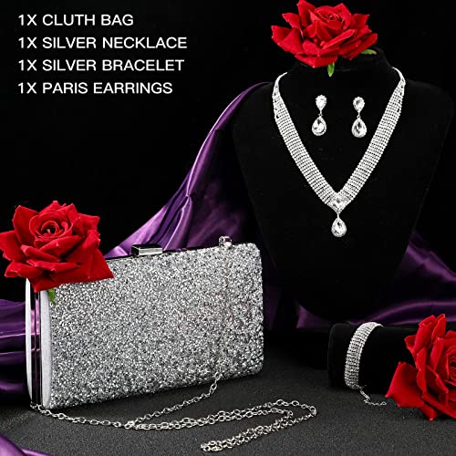 Mixweer 4 Pieces Clutch Purses Bag for Women Evening Rhinestone Jewelry Set Bling Necklace Earrings Bracelets Set for Wedding - style: Fresh Style