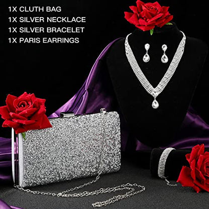 Mixweer 4 Pieces Clutch Purses Bag for Women Evening Rhinestone Jewelry Set Bling Necklace Earrings Bracelets Set for Wedding - style: Fresh Style