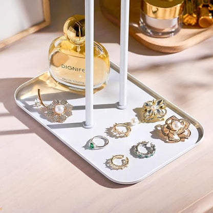 pickpiff Necklace Holder Jewelry Organizer Stand – 2‑Tier T‑Bar Jewelry Display Tree with Tray for Countertop Necklace Bracelet Earring Storage, Vanity Dresser Bathroom Sink, White - color: White