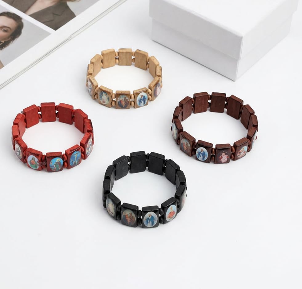 DATOA 4Pcs Wooden Jesus Virgin Mary Bracelet Saints Rosary Stretch Wooden Small Panel Bracelet Religious Saints Jesus Gift - style: Style A