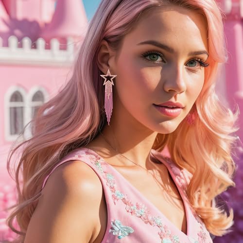 EVER FAITH Crystal Long Waterfall Star Tassel Clip-on Earrings for Women | Rhinestone Beaded Fringe Chandelier Dangle Statement Earring, Wedding Party Jewelry - color: Hot Pink Pink-Tone